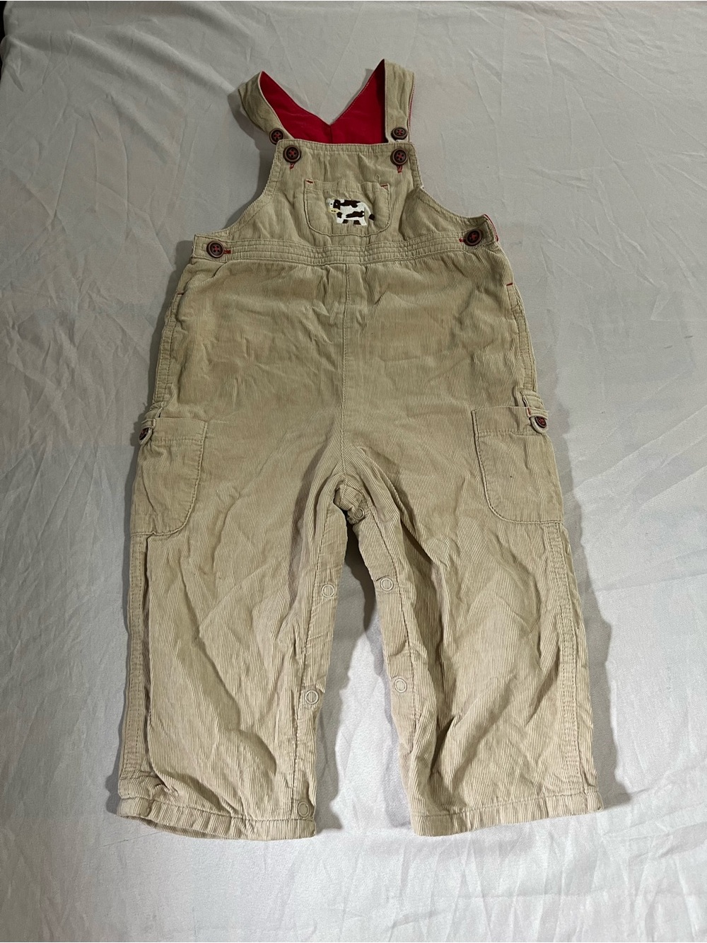 Hartstrings Beige Corduroy Overalls with Red Lining and Cow Patch Size 24 Months